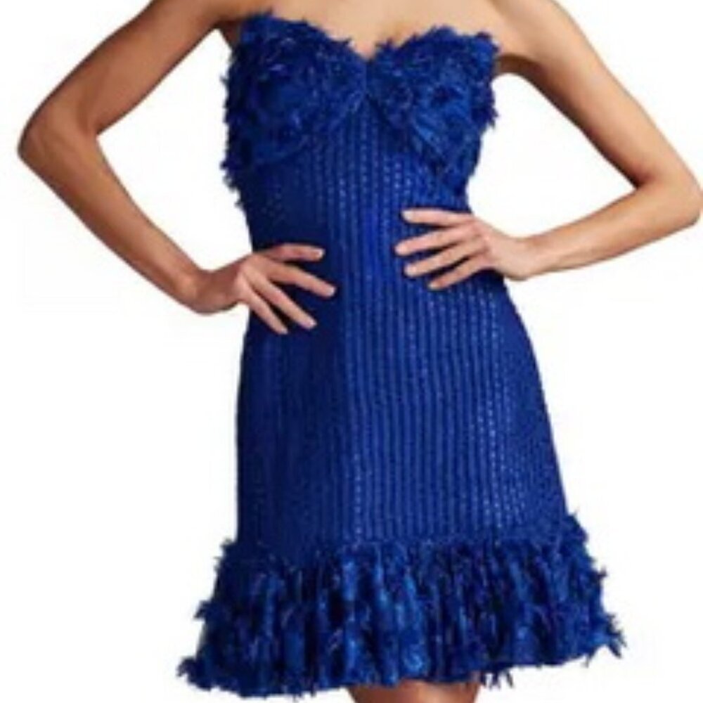 Sho by Tadashi Shoji Neon Blue Metalllic Fringe Detail Strapless Dress